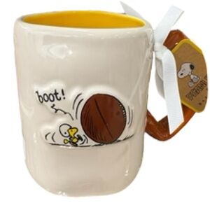 Rae Dunn Peanuts TOUCHDOWN mug featuring Woodstock and Football Laces Design